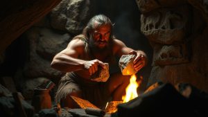 a caveman is striking two stones to carve them